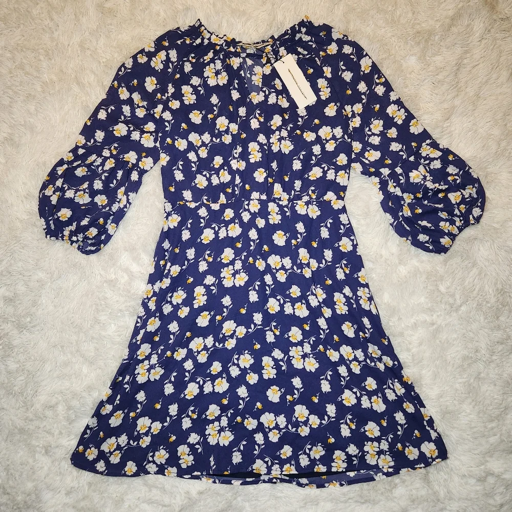 Collective Concepts Blue Floral Balloon Sleeve Dress